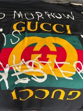 Gucci Black Scarf with Yellow Logo, Red & Green Stripes